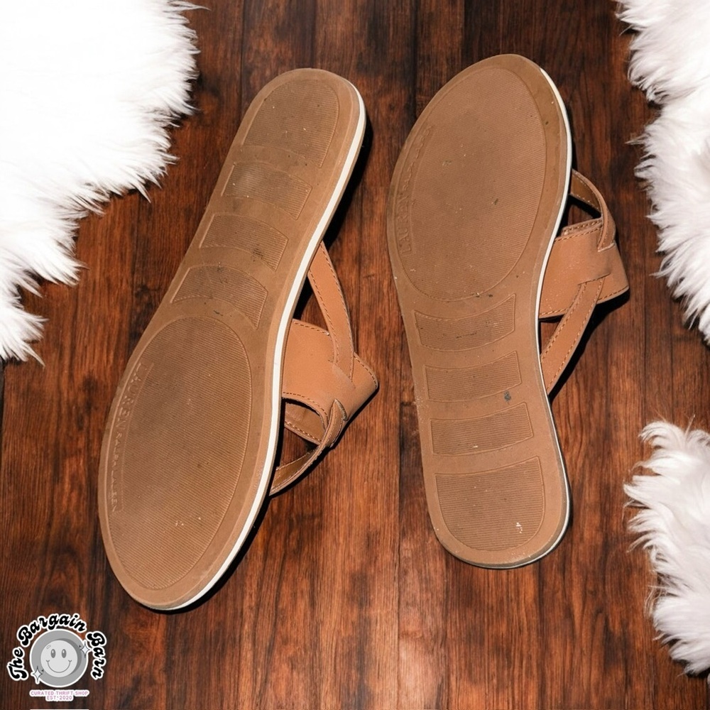 Y2K Lauren Ralph Lauren Women’s Leather Thong Sandals Tan Brown Logo (Size 7) - Picture 3 of 3